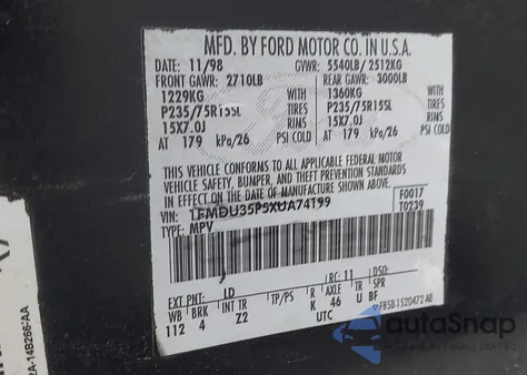 1999 Ford Explorer Eddie Bauer/Limited/Xlt из США, поврежденный, VIN 1FMDU35P5XUA74199